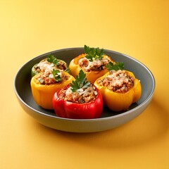 Wall Mural - Tasty dish stuffed bell peppers on yellow background