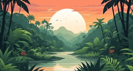 Sticker - tropical jungle with dense foliage sunset landscape flat cartoon style illustration design background copy space backdrop