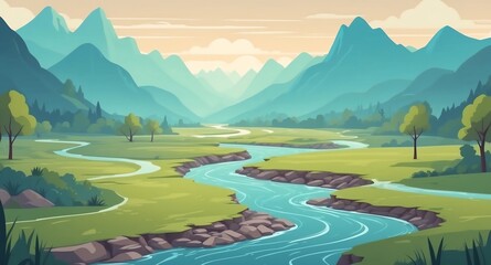 Wall Mural - valley with flowing river landscape flat cartoon style illustration design background copy space backdrop