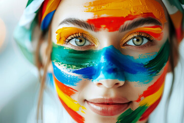 Poster - An abstract, blurred image of a person’s face amidst bright and vivid colors, creating a vibrant and artistic visual effect.
