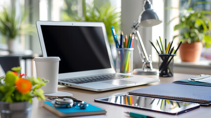 Poster - Modern workplace with laptop computer, coffee cup and office supplies
