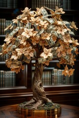 Sticker - A tree made of money with a bunch of flowers on it. AI.