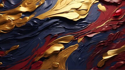 Fototapete - Abstract painting with textured swirls of gold, red, and navy blue hues, creating a dynamic and flowing visual effect.