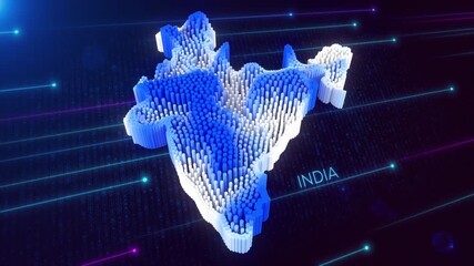 Wall Mural - digital motion 3d perspective dynamic rippling map of india in blue and white, set against dark futu