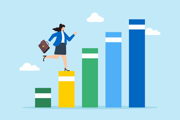 Poster - Overcoming business challenges, strategic planning, achieving sales targets, data-driven success concept vector illustration. Businesswoman climbing bar graph like mountain