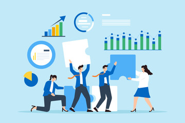 Poster - Assembling market strategies, comprehensive data analysis, collaborative problem-solving, insightful decision-making concept vector illustration. Business analysts building puzzle with charts