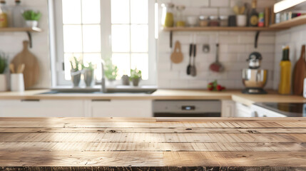 Empty tabletop over defocused kitchen with copy space