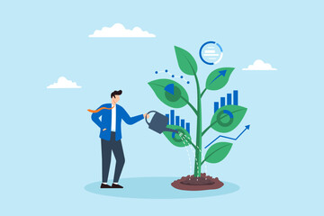 Poster - Growing business opportunities, nurturing insights, fostering economic growth concept vector illustration. Analyst watering plant with data leaves
