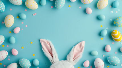 Aufkleber - Easter party concept. Top view photo of easter bunny ears white pink blue and yellow eggs on isolated pastel blue background with copyspace in the middle