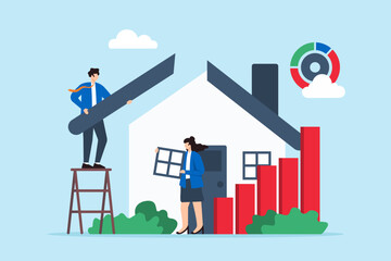 Wall Mural - Constructing solid business strategies, foundation of data analysis, collaboration in market planning, strategic growth concept vector illustration. Team of analysts building house with bar graphs