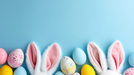 Aufkleber - Easter party concept. Top view photo of easter bunny ears white pink blue and yellow eggs on isolated pastel blue background with copyspace in the middle