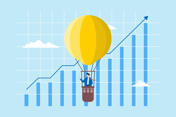 Poster - Elevating business strategies, strategic vision, data-driven success, reaching new market heights concept vector illustration. Analyst piloting hot air balloon with financial graphs