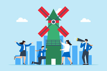 Poster - Harnessing market energy, strategic innovation, data-driven efficiency, sustainable business growth concept vector illustration. Team of analysts building windmill with bar graphs