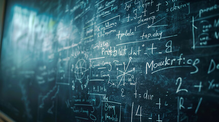 Poster - Blackboard inscribed with scientific formulas and calculations in physics and mathematics.