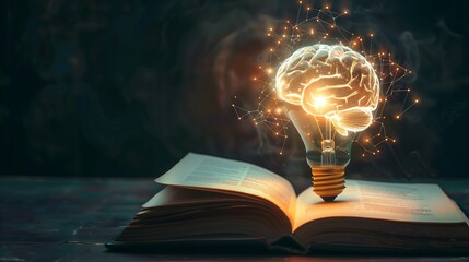knowledge is power, brain in a light bulb over an open book