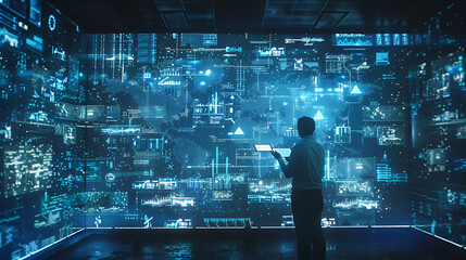 Poster - Futuristic digital data flow with vibrant blue and red lights, representing technology, innovation and cybersecurity.