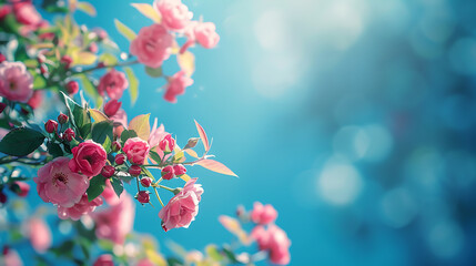 Aufkleber - Beautiful spring border, blooming rose bush on a blue background. Flowering rose hips against the blue sky. Soft selective focus