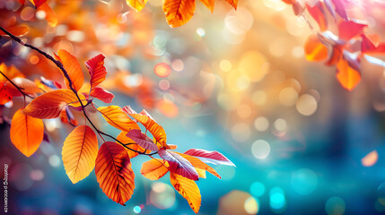 Aufkleber - Autumn colorful bright leaves swinging in a tree in autumnal park. Autumn colorful background, fall backdrop