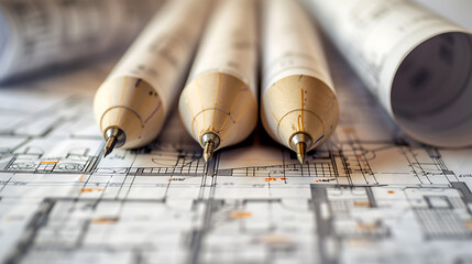 Aufkleber - Architect rolls and architectural plan,technical project drawing