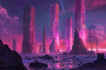 Wall Mural - A City of Glowing Towers Rises Against a Pink and Purple Sky