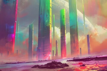 Wall Mural - A Colorful Futuristic Cityscape on an Alien Planet