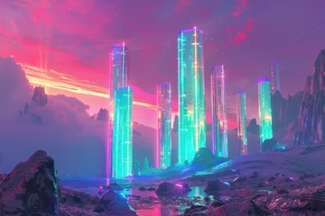 Wall Mural - Glowing Towers Rise Above a Purple and Pink Landscape