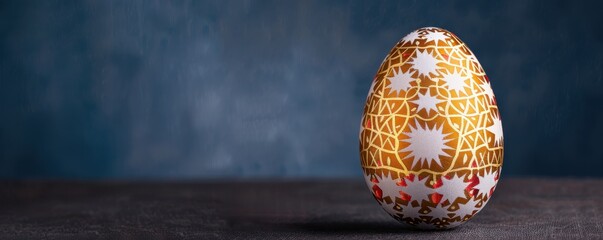 Wall Mural - An intricately decorated egg with starry patterns, set against a dark, elegant background, positioned on the right side