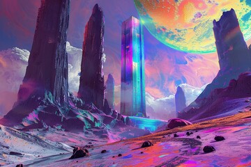Wall Mural - A Futuristic City Rises Amidst A Vibrant Cosmic Landscape