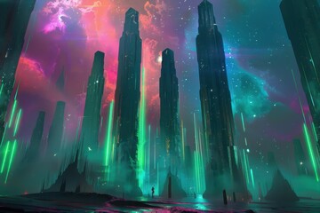 Wall Mural - A solitary figure walks towards a towering futuristic city against a vibrant sky filled with stars and neon lights