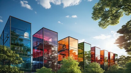 Poster - a view from below of modern glass buildings against a background of sunny sky and wood. Eco-friendly Urban environment . Modern cities. World Sun Day  