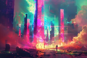 Wall Mural - Silhouettes of figures walking towards a glowing futuristic cityscape bathed in pink green and blue light