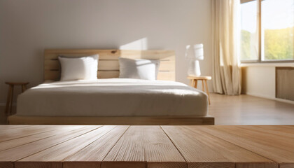 An empty wooden table with a cozy bedroom background, ideal for product placement.