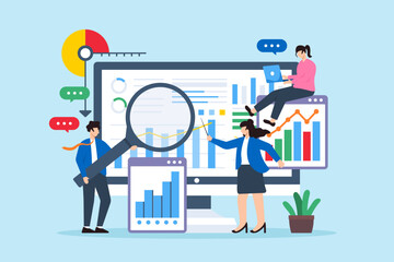 Poster - Business people analyzing data charts and graphs on computer screen vector illustration