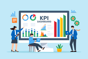 Poster - kpi monitoring and evaluation, goal setting concept vector illustration. business analysts measuring