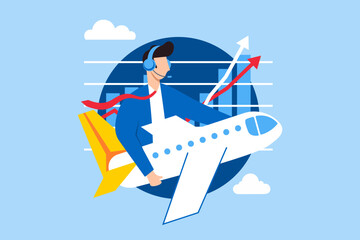 Poster - Soaring through market trends, data-driven navigation, strategic vision, achieving business heights concept vector illustration. Analyst piloting airplane with financial charts