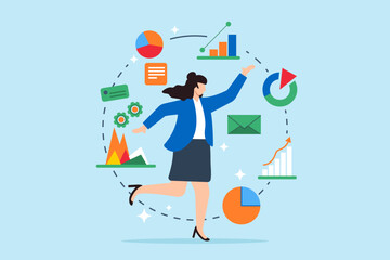Poster - Choreographing marketing strategy, data-driven movement, strategic harmony, collaborative planning concept vector illustration. Business analysts performing dance with financial charts