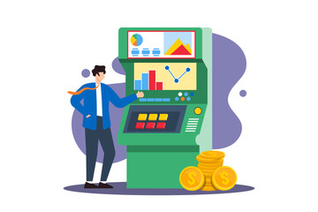 Poster - Gamifying market strategy, data-driven decision-making, strategic play, competitive analysis concept vector illustration. Analyst playing arcade game with financial controls