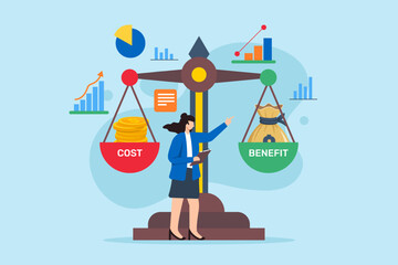 Financial analysis, evaluating impact of decisions, maximizing roi concept vector illustration. Analysts weighing cost and benefit on balance scale