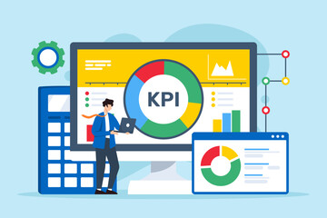 Poster - kpi tracking, assessing metrics analysis concept vector illustration. business analyst monitoring ke