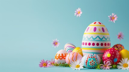 Wall Mural - A pastel background with a beautifully decorated vintage Easter egg on the right side 