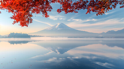 Poster - Colorful Autumn Season and Mountain Fuji with morning fog and red leaves at lake Kawaguchiko is one of the best places in Japan