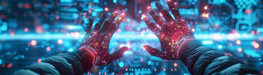 Poster - Futuristic hands interact with digital technology, showcasing a vibrant display of lights and circuits in a cybernetic environment.