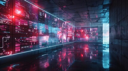 Poster - Futuristic digital room with glowing screens and reflective floors, creating a sci-fi ambiance perfect for tech-related projects.