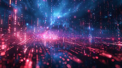 Poster - An abstract digital landscape with vibrant colors, glowing lines and particles creating a futuristic atmosphere.