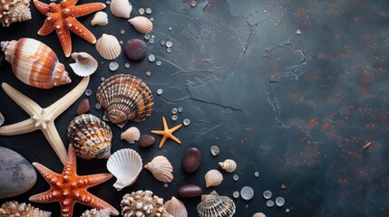 Wall Mural - Seashells corals and stones on dark background at sunset with space for text