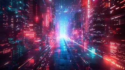 Wall Mural - futuristic cityscape illuminated by vibrant neon lights, showcasing a digital landscape filled with 