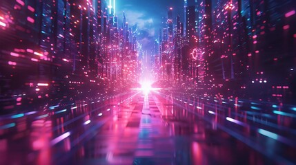 Poster - A vibrant, futuristic digital landscape with neon lights and glowing structures, creating a surreal atmosphere.