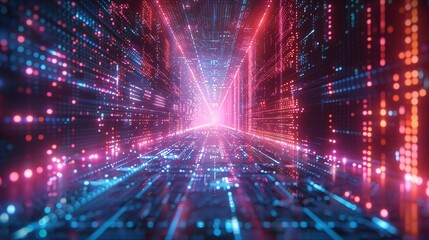 Poster - A vibrant digital tunnel filled with glowing lights and data streams, symbolizing technology and innovation.