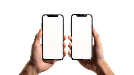 Poster - Hand holding the black smartphone with blank screen and modern frame less design on yellow colour background