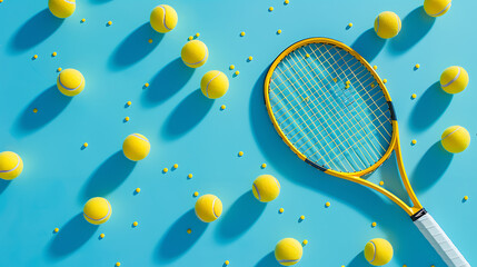 Aufkleber - Holliday sport composition with yellow tennis balls and racket on a blue background of hard tennis court. Sport and healthy lifestyle. The concept of outdoor game sports. Flat lay